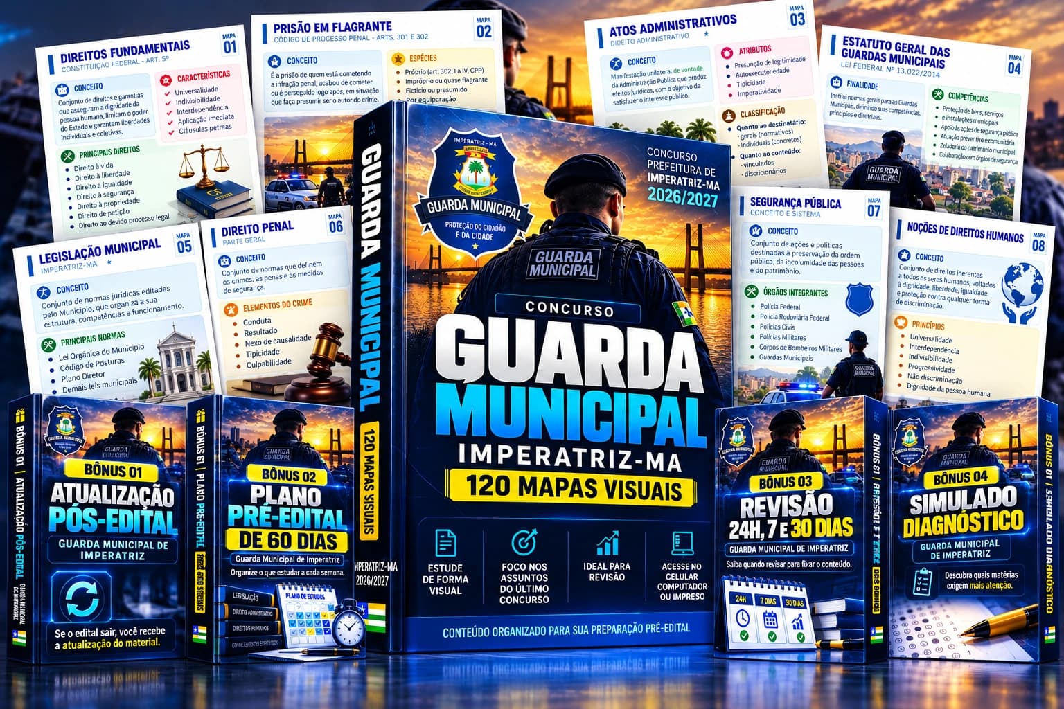 Kit dos 120 Mapas Mentais para a Guarda Municipal de Imperatriz, com páginas dos mapas e os 4 bônus: Atualização Pós-Edital, Plano Pré-Edital de 60 Dias, Revisão 24h, 7 e 30 Dias e Simulado Diagnóstico